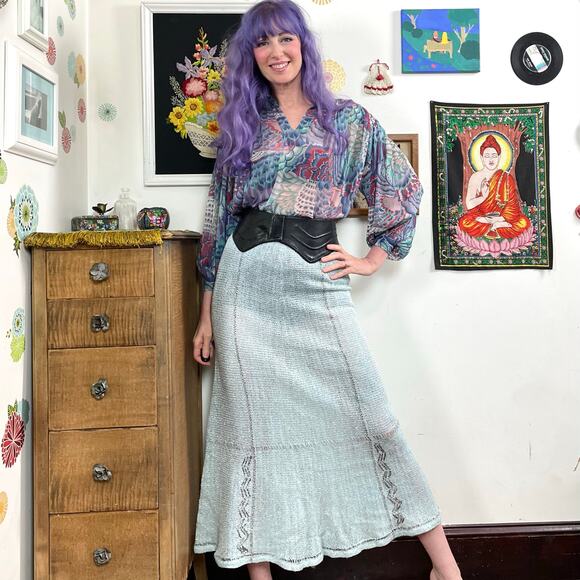 Vintage Mary Farrin Crochet Skirt, 1970s Blue & Silver Open Knit Maxi, Sz XS-S - Picture 1 of 10